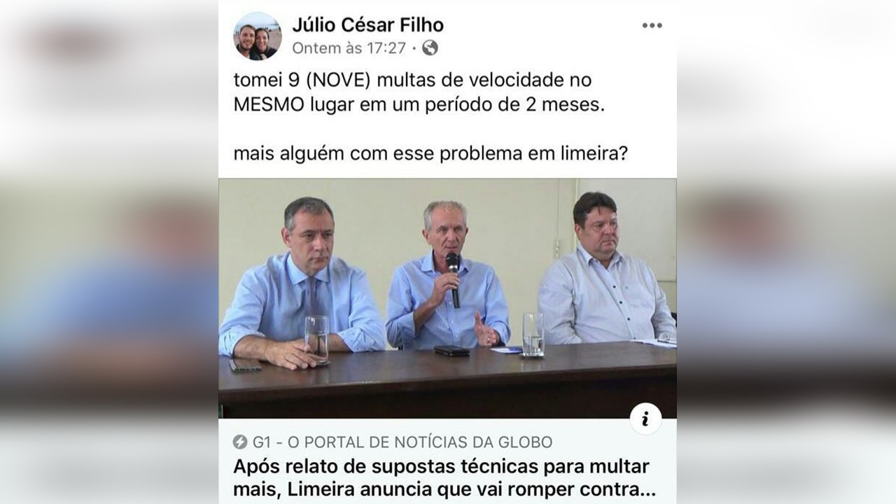 Filho de vice-prefeito de Limeira critica radares em rede social: 'tomei 9 multas'