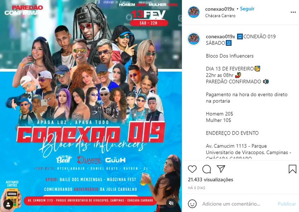 Festa clandestina contou com a convocação de diversos "influencers" - Foto: Reprodução