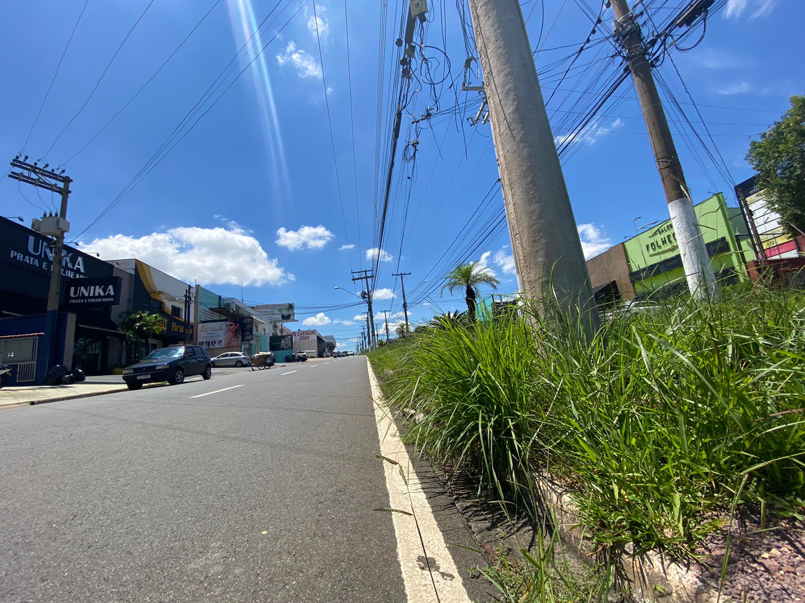 Empresários reclamam de mato alto e fios soltos no canteiro central do ‘Corredor da Joia de Limeira’