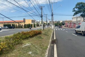 Mato alto na Avenida Costa e Silva, em Limeira, é cortado, mas fiação elétrica continua solta