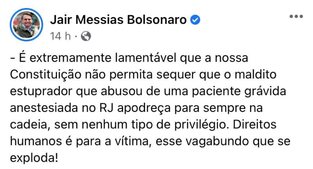 Bolsonaro se posiciona sobre caso de anestesista preso em flagrante por estupro de paciente