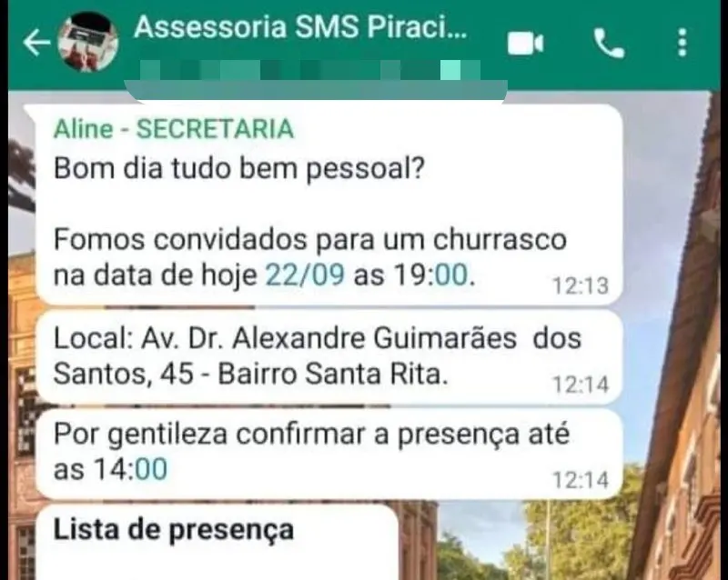 Churrasco de candidato é organizado por WhatsApp de assessores da Saúde