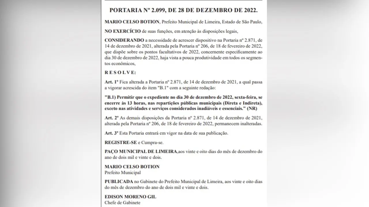Portaria do prefeito permite fechamento de repartições públicas às 13h de sexta-feira (30)