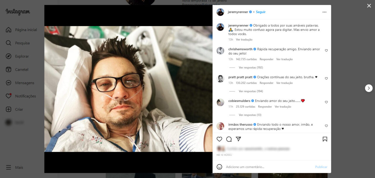 Jeremy Renner compartilha 1ª foto após grave acidente