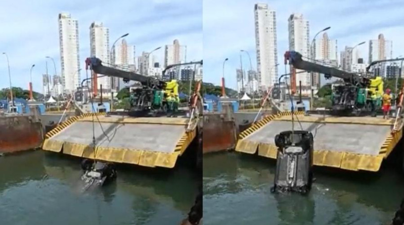 Carro cai no mar após errar entrada de balsa em Santos