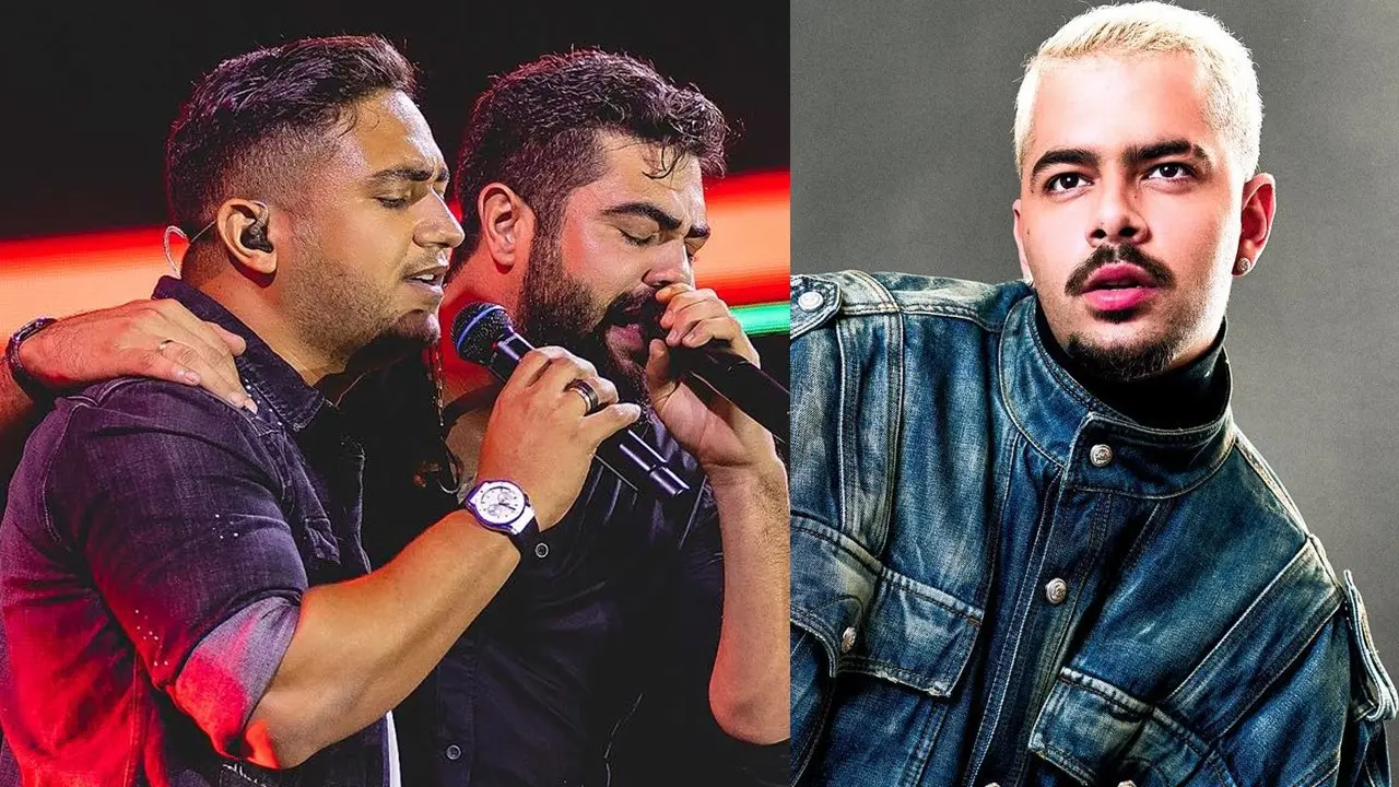 dupla sertaneja henrique e juliano abraçada cantando em show cantor pedro sampaio