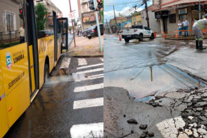Ônibus cai em buraco após rompimento em rede de água na rua Tiradentes, em Limeira