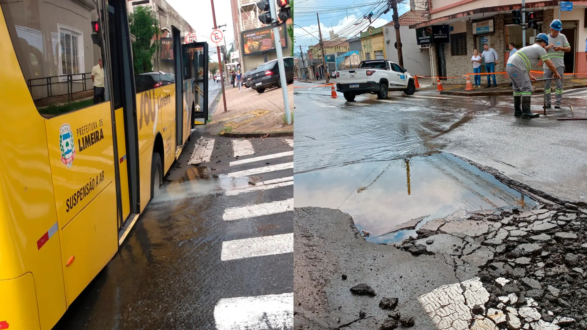 Ônibus cai em buraco após rompimento em rede de água na rua Tiradentes, em Limeira