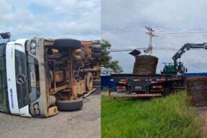 Trânsito em Limeira: caminhão derruba carga em rotatória e outro tomba no Anel Viário