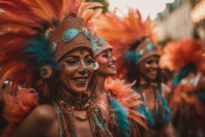 Smiling young women samba dancing in parade generated by AI