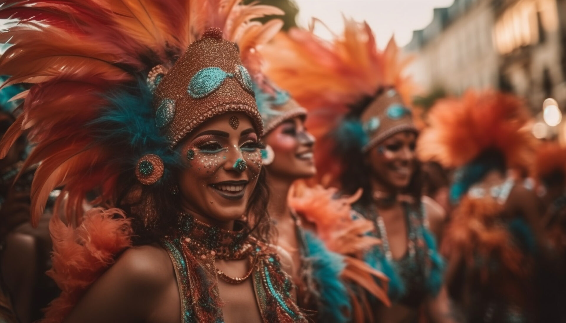 Smiling young women samba dancing in parade generated by AI