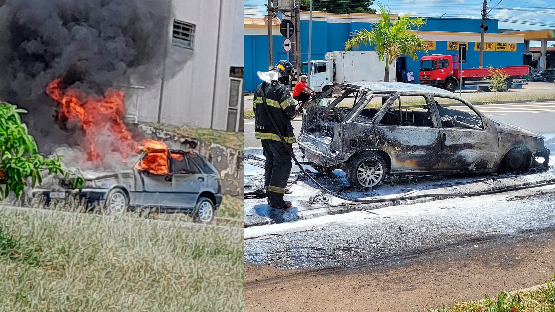 Carro pega fogo na Via Luís Varga, em Limeira