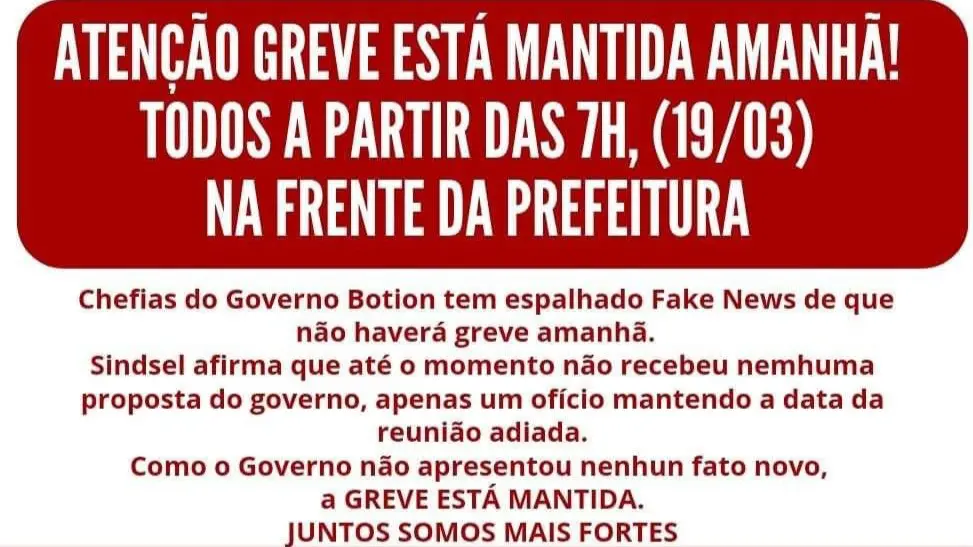 Sindsel anuncia greve para esta terça-feira (19)
