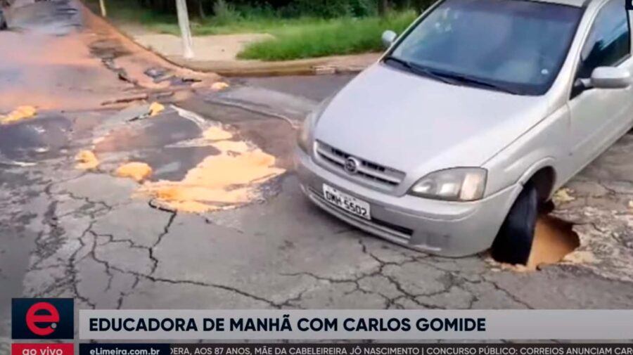 Durante Educadora de Manhã veículo afunda em asfalto no Barão de Limeira