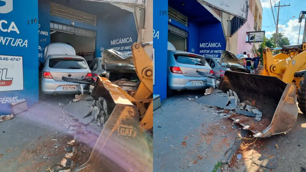 Retroescavadeira perde o freio e invade oficina no Jd. Novo Horizonte1
