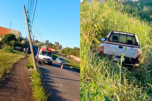 Carro atinge poste e cai em barranco no Anel Viário, em Limeira 