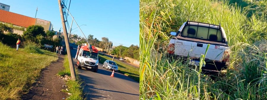 Carro atinge poste e cai em barranco no Anel Viário, em Limeira 