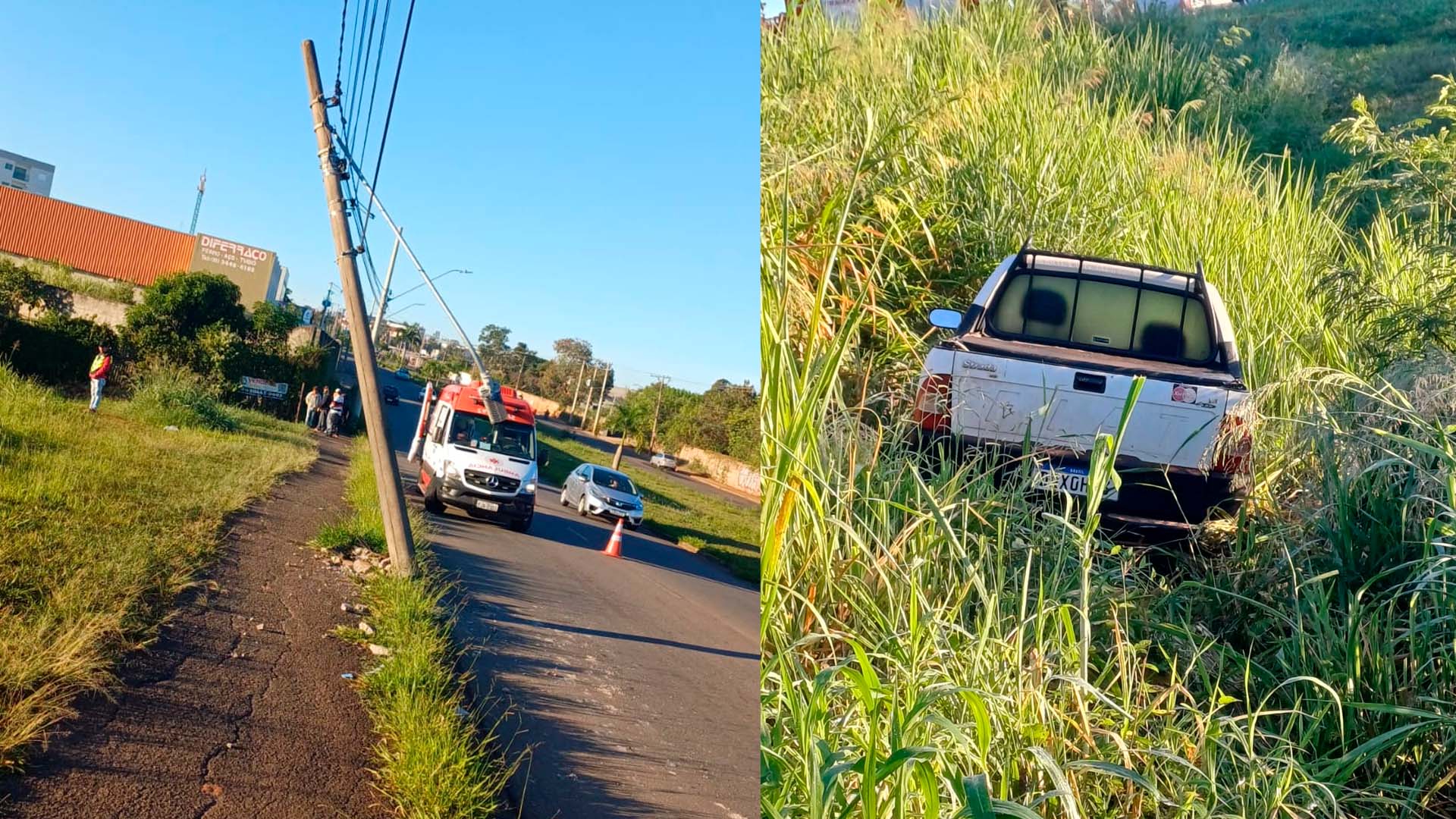 Carro atinge poste e cai em barranco no Anel Viário, em Limeira