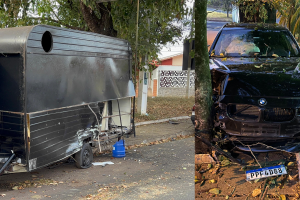 Condutor de BMW perde o controle, atinge trailer e ameaça repórter no Montezuma