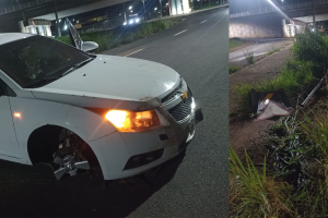 Carro bate em placa de trânsito após motorista perder o controle no Anel Viário, em Limeira