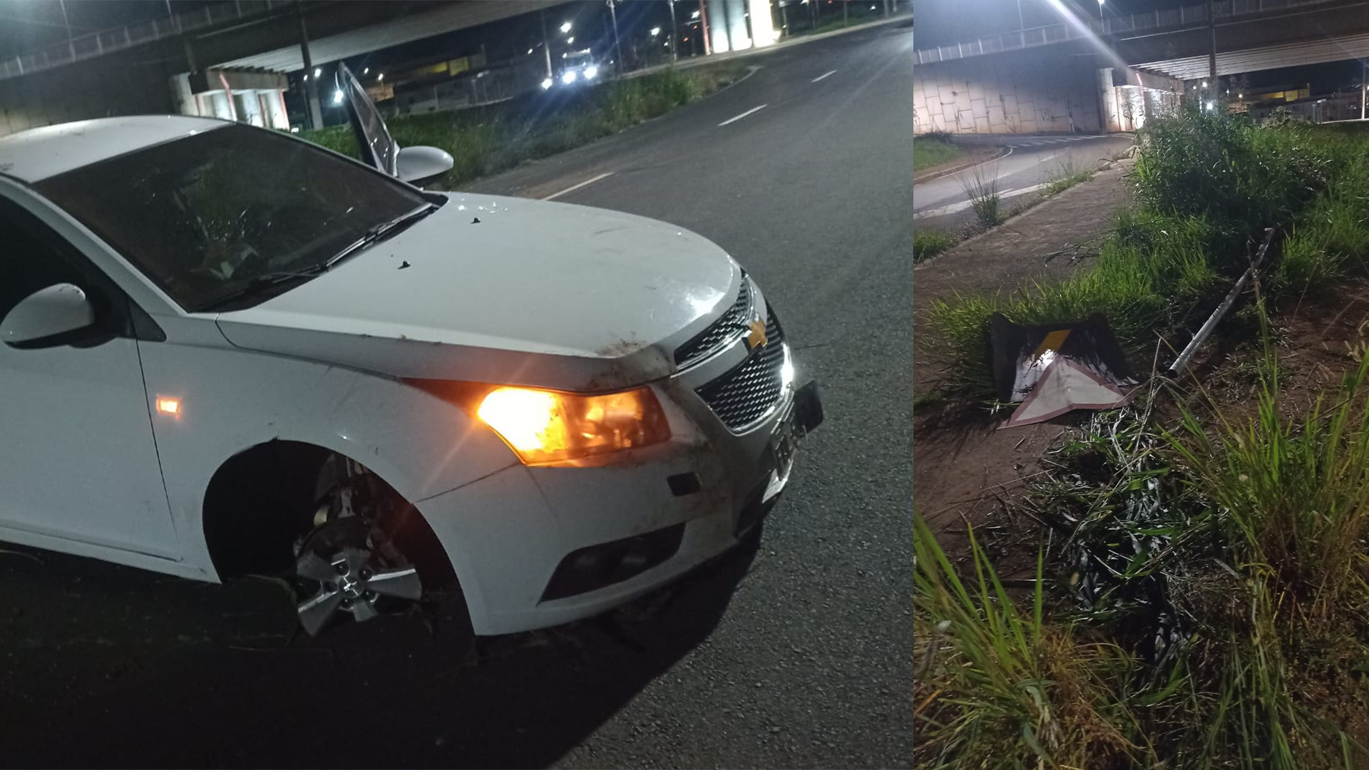 Carro bate em placa de trânsito após motorista perder o controle no Anel Viário, em Limeira