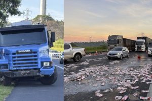 Caminhão que transportava caixas de leite sofre acidente e carga se espalha na Anhanguera, em Americana