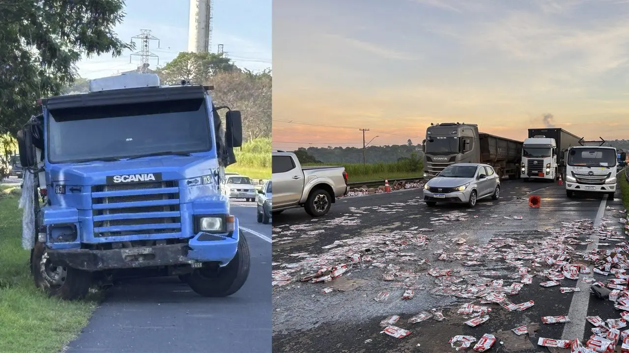 Caminhão que transportava caixas de leite sofre acidente e carga se espalha na Anhanguera, em Americana