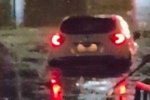 Motorista tenta atravessar Ponte Preta alagada e fico preso