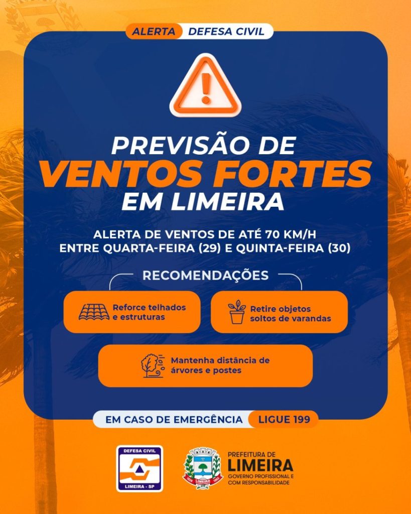 Alerta Defesa Civil sobre ventos fortes em Limeira